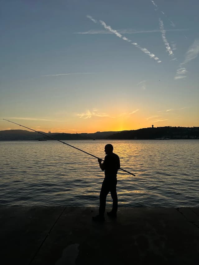 Person fishing from the shore at sunset